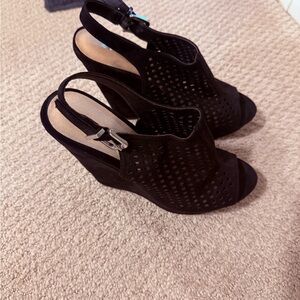 Chinese Laundry Black Laser-Cut Peep-Toe Wedge Sandals